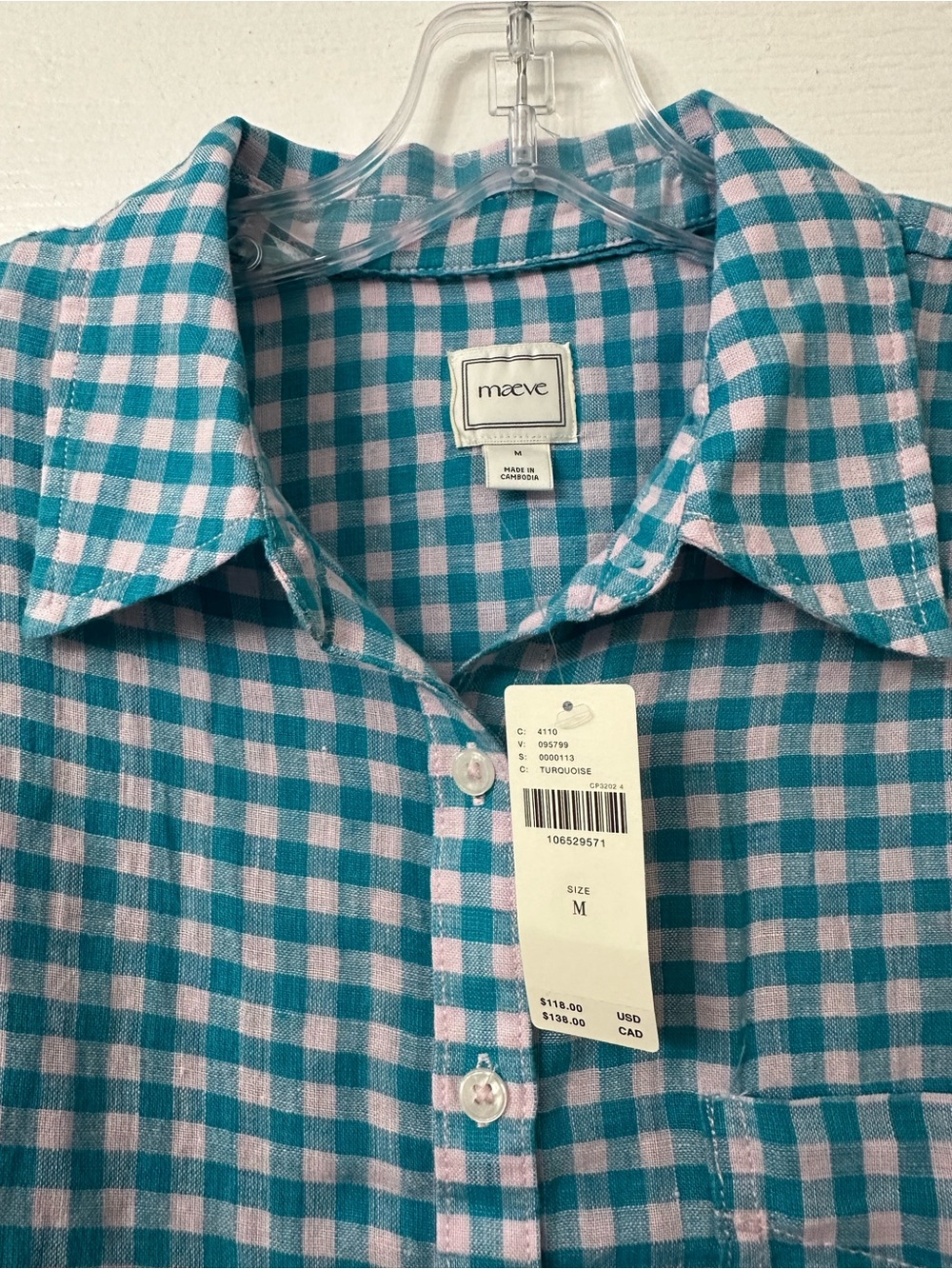 Maeve Linen Teal and White Gingham Button-Down Shirt Women - Picture 4 of 9
